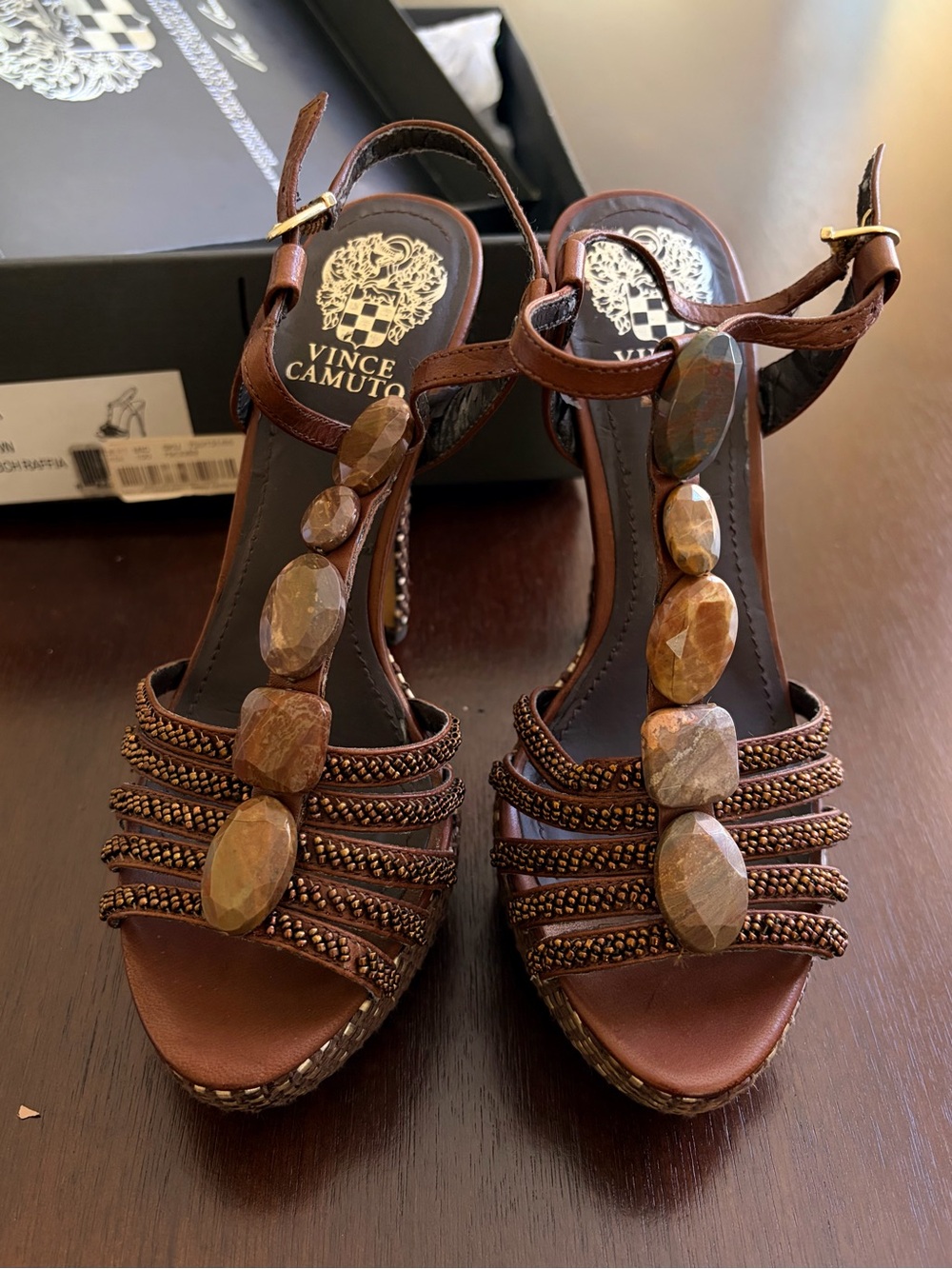 Vince Camuto Brown Beaded T-Strap Heels
